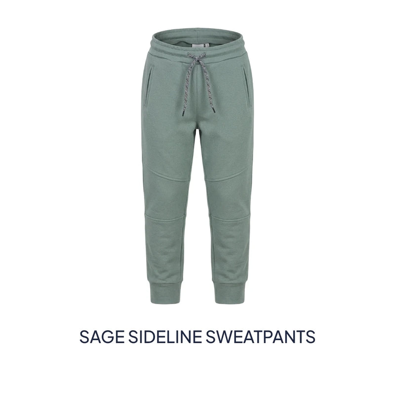 Sage green sweatpants with a drawstring waist and side pockets, shown against a white background with the text 'SAGE SIDELINE SWEATPANTS' below.