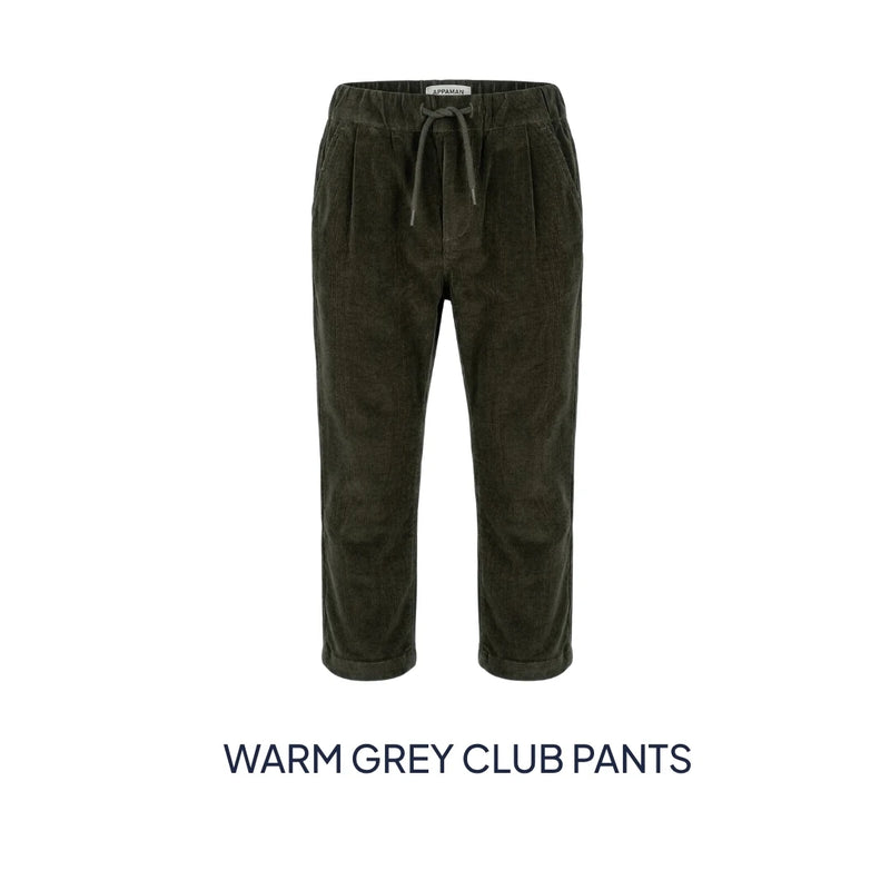 Dark olive corduroy cropped pants with a drawstring waist, shown against a plain white background with the text 'WARM GREY CLUB PANTS' underneath.
