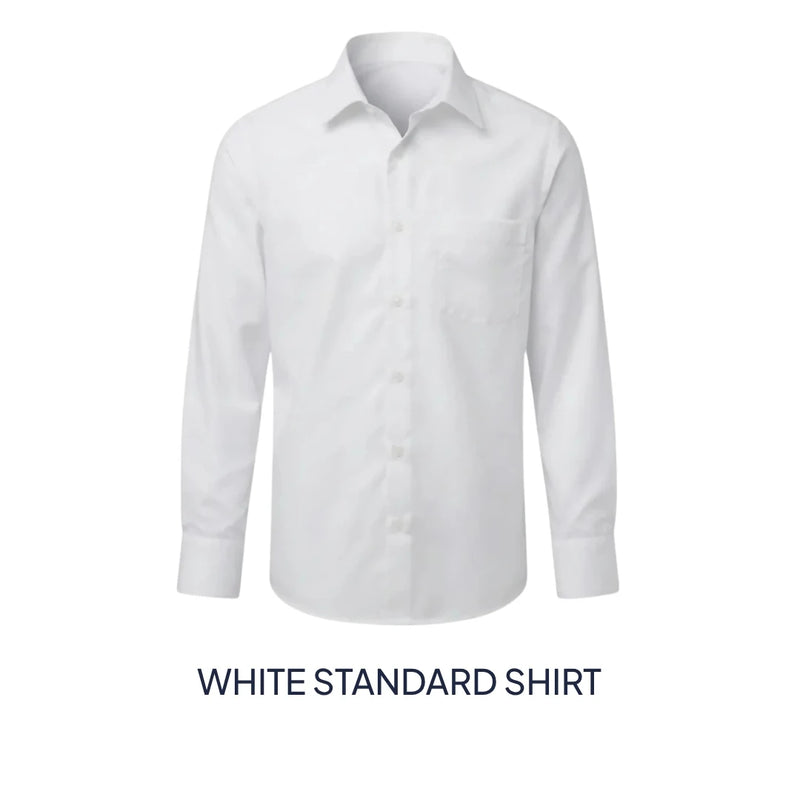 A white long-sleeve button-up shirt with a pointed collar and a single chest pocket, shown on a plain white background with the text 'WHITE STANDARD SHIRT' underneath.