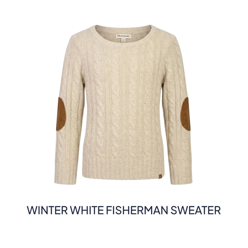 A cream-colored cable-knit sweater with brown elbow patches, shown against a plain white background with the text 'WINTER WHITE FISHERMAN SWEATER' underneath.