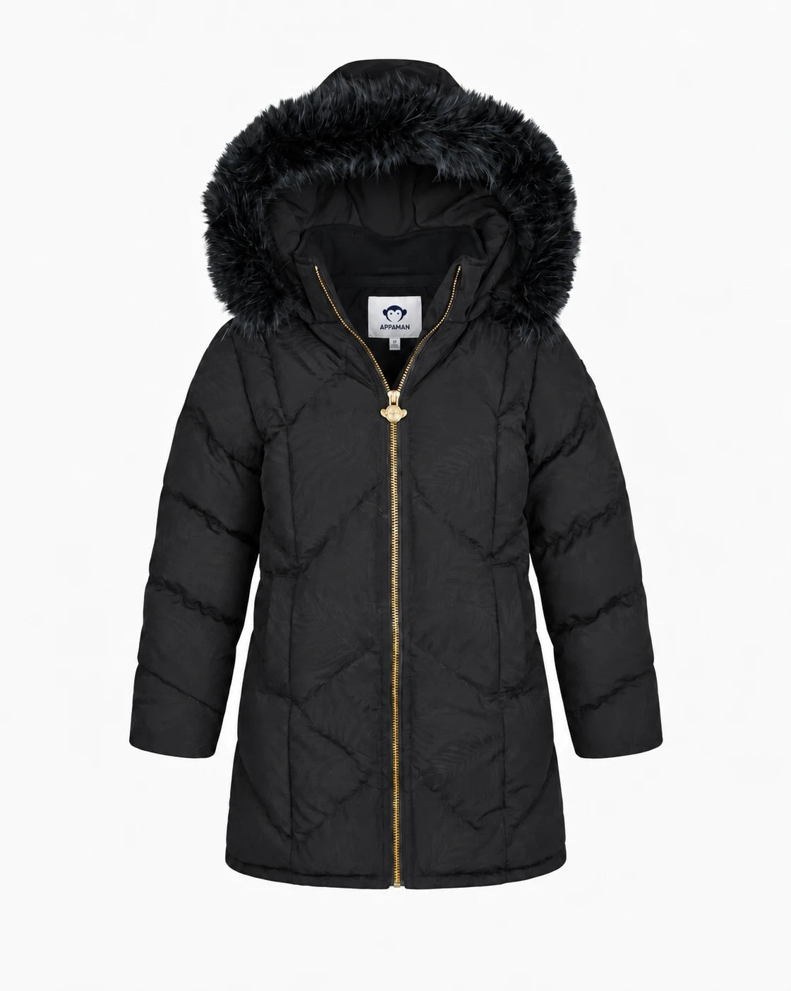 Appaman girls' black longline puffer coat with faux fur hood, front view.