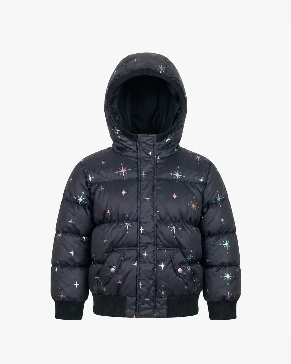 Appaman girls' black star print puffer bomber jacket, front view.