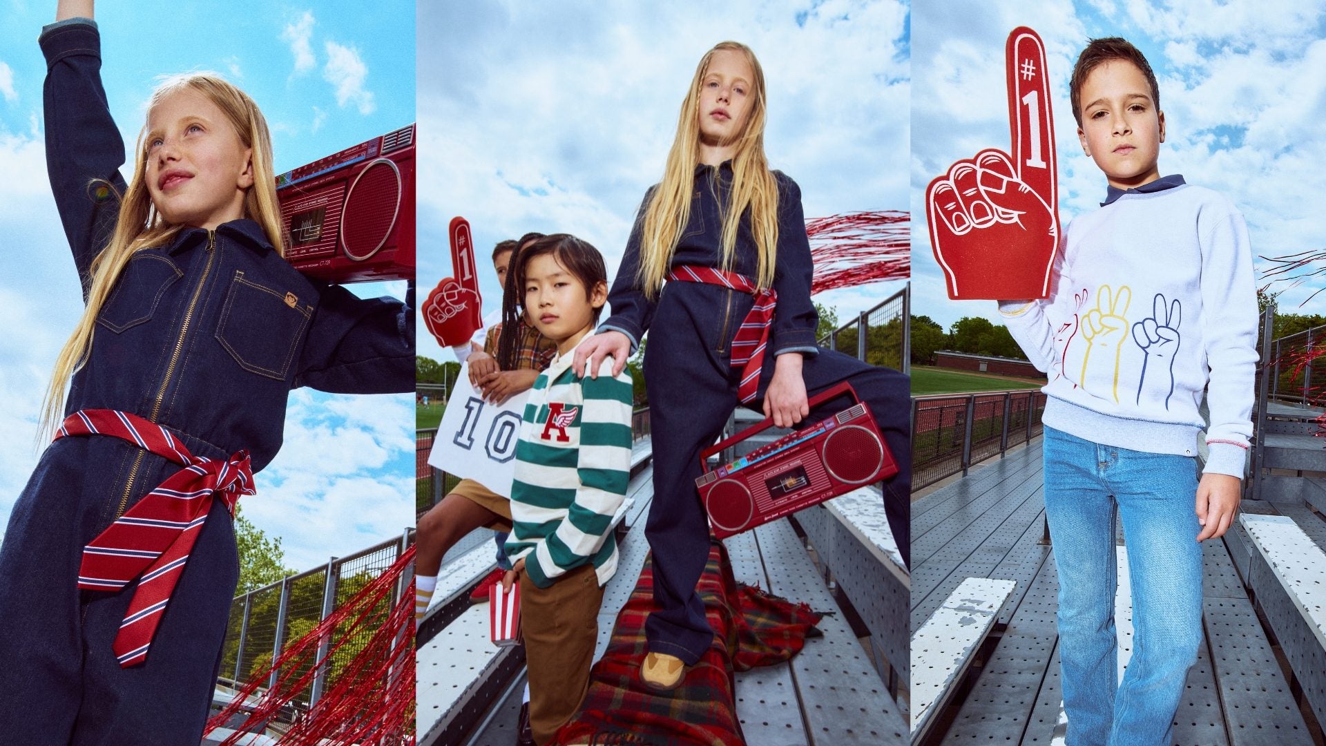 Three children in different outfits with a colorful background