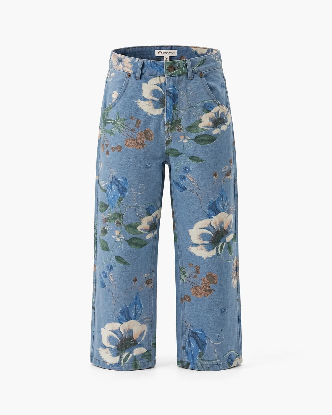 A pair of wide-leg cropped pants in a light blue denim-like fabric with an all-over floral print featuring white, blue, and green flowers, shown against a plain white background.