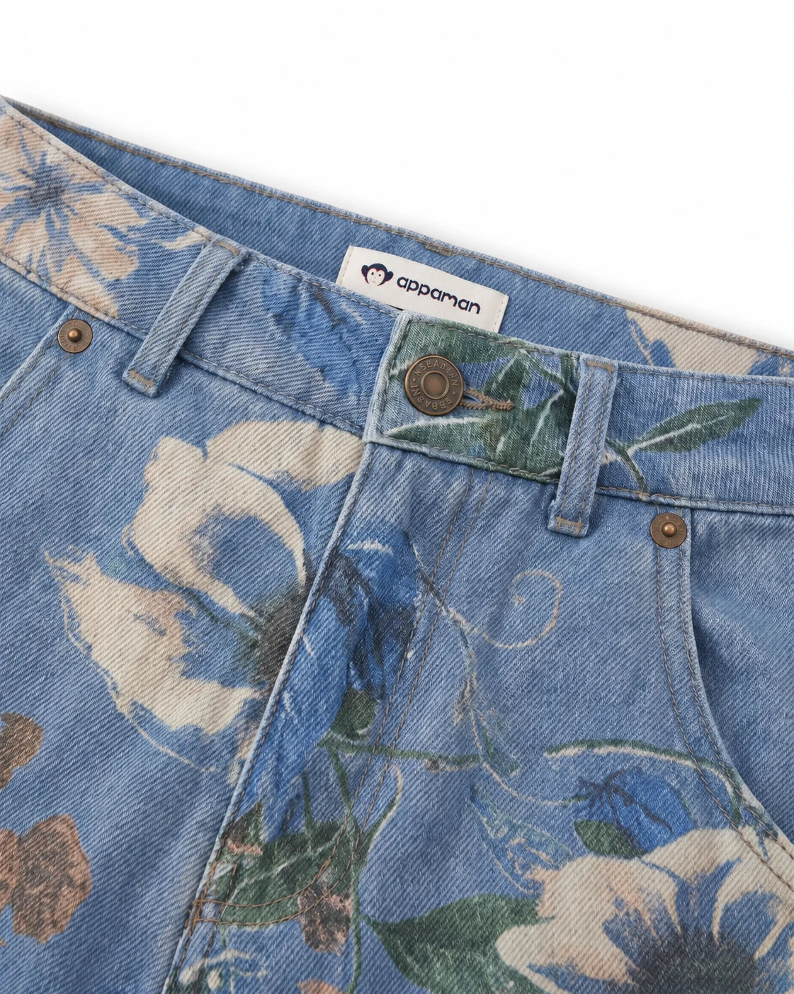 Appaman girls' floral print denim jeans, close-up waist detail.
