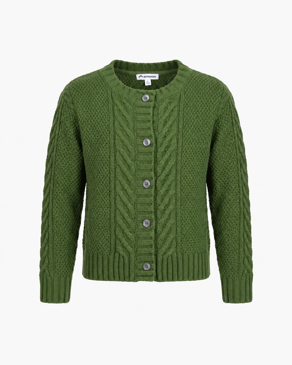 An olive green cable-knit cardigan sweater with a button-up front, displayed on a clean white background.