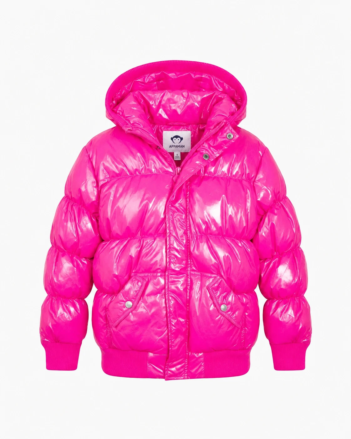 Appaman girls' hot pink glossy puffer bomber jacket, front view.