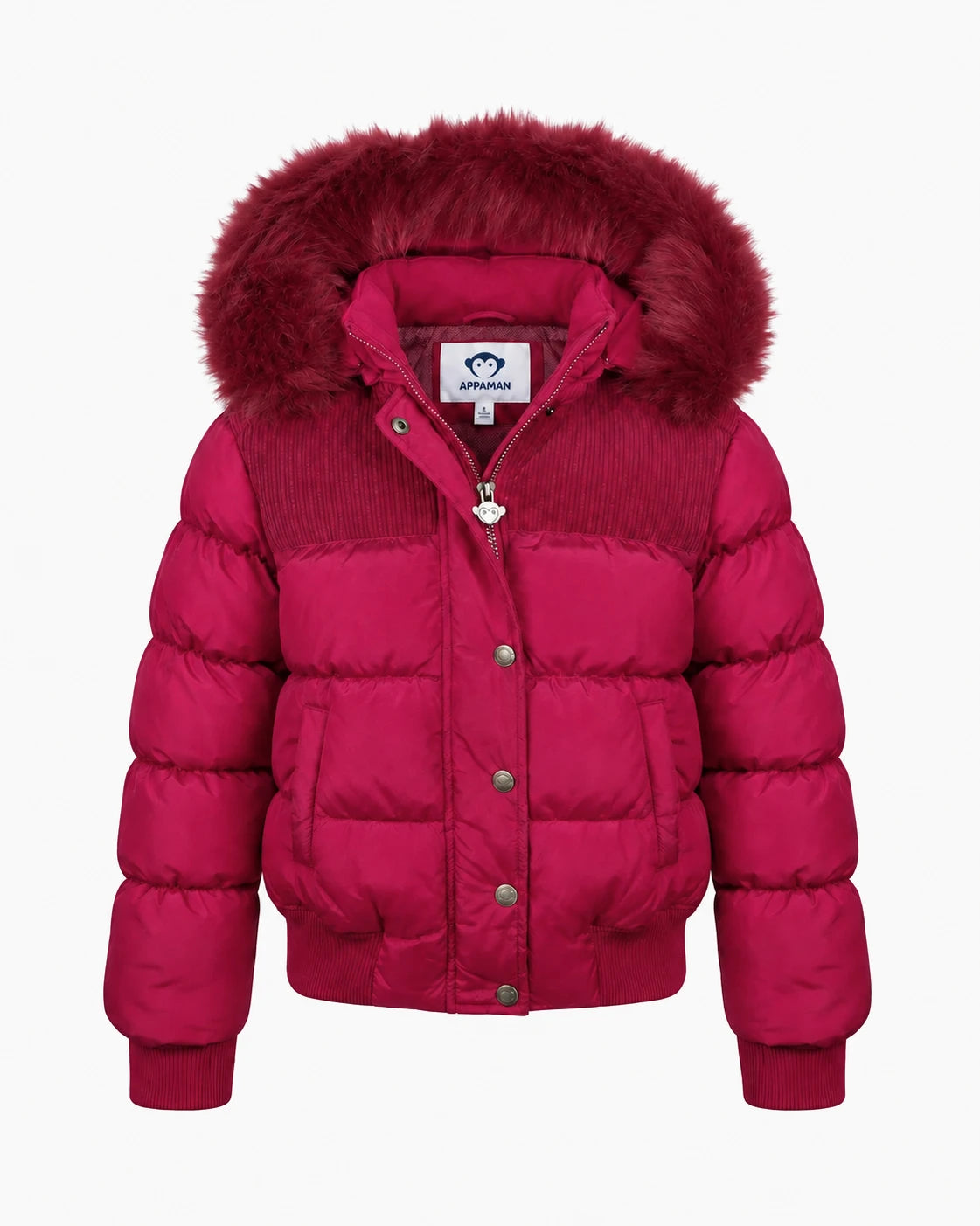Appaman girls' magenta puffer bomber jacket with corduroy yoke and faux fur hood, front view.