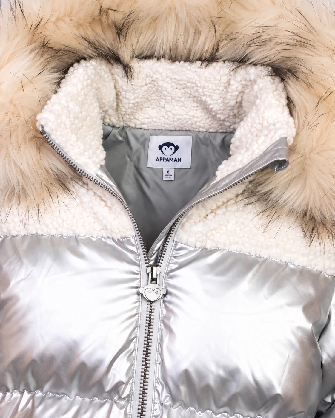 Appaman girls' metallic silver puffer coat with sherpa faux fur hood, close-up collar detail.
