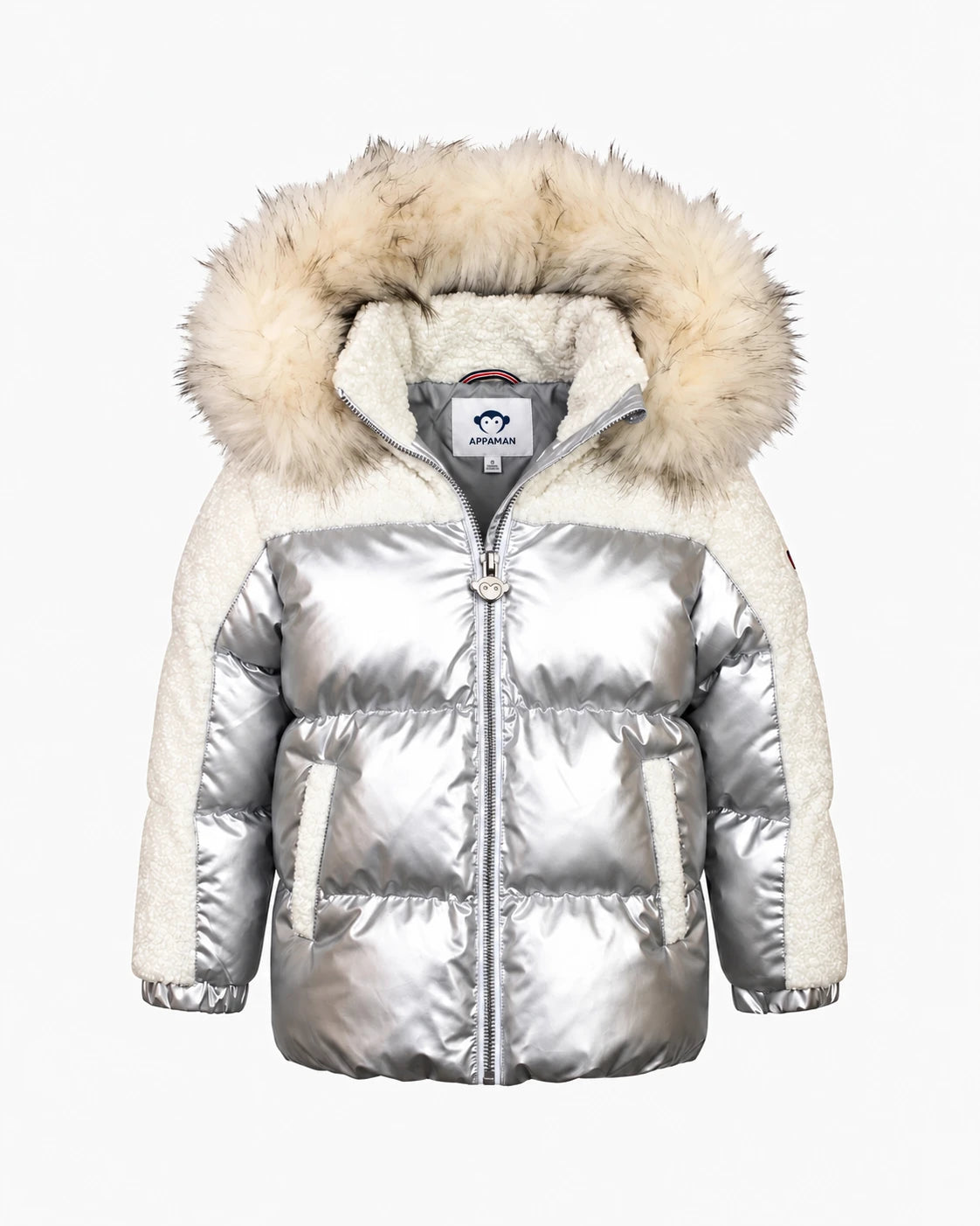 Appaman girls' metallic silver puffer coat with sherpa faux fur hood, front view.