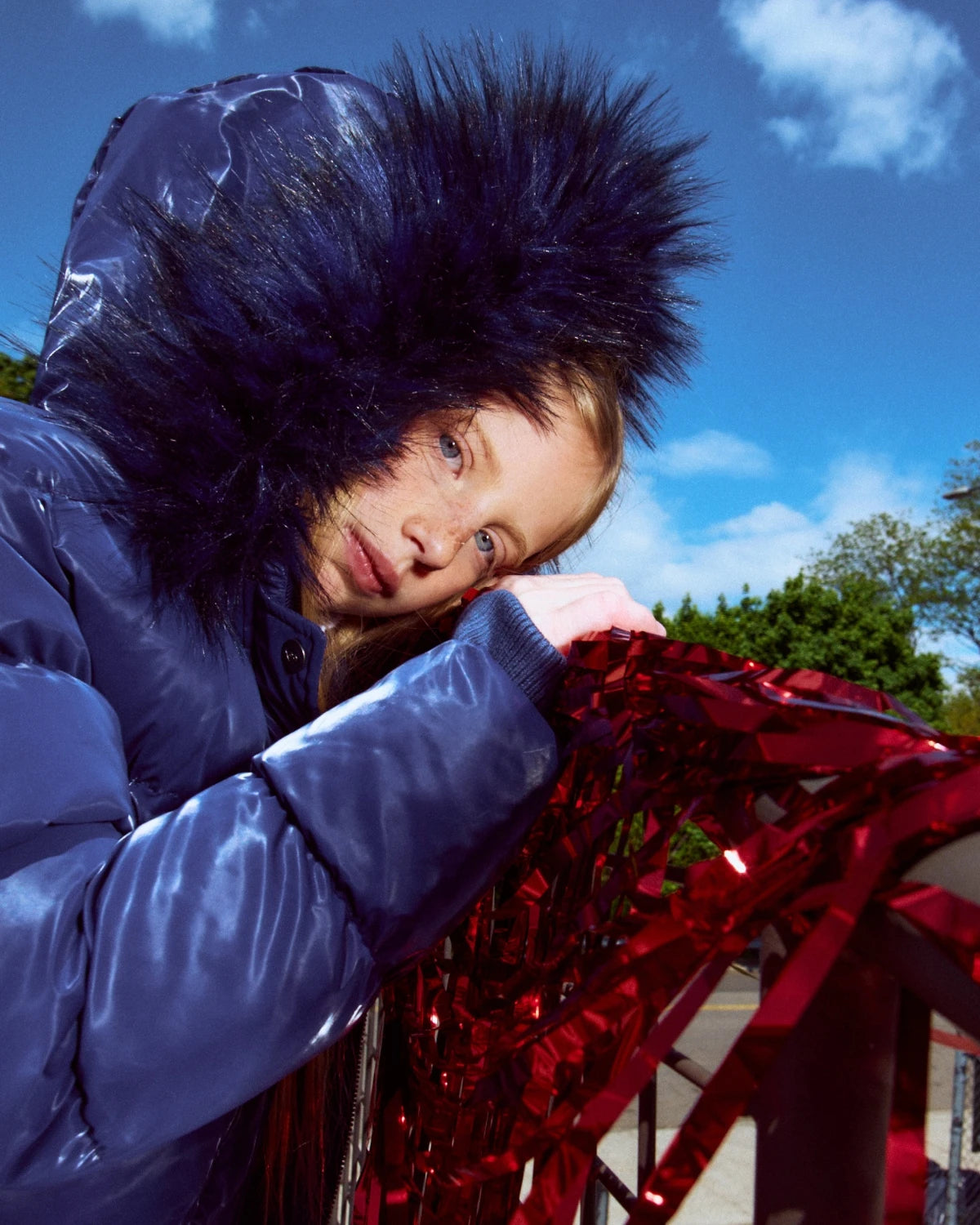 Appaman girls' navy glossy puffer coat sparkle faux fur hood, lifestyle photo.