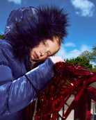 Appaman girls' navy glossy puffer coat sparkle faux fur hood, lifestyle photo.