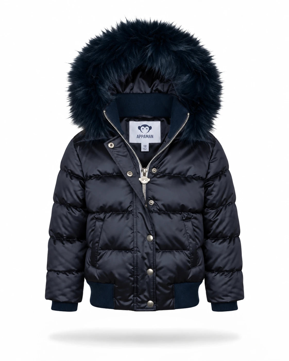 Appaman girls' navy puffer bomber jacket with faux fur hood, front view.