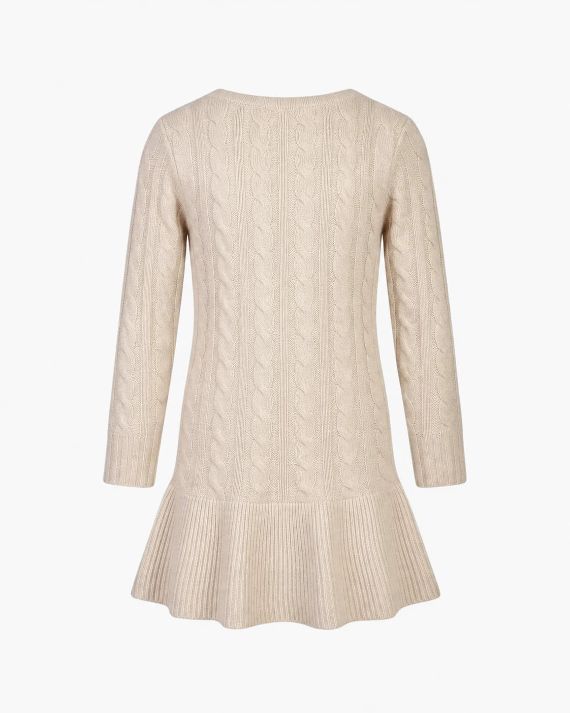 Appaman girls' oatmeal cable knit peplum sweater dress, back view.