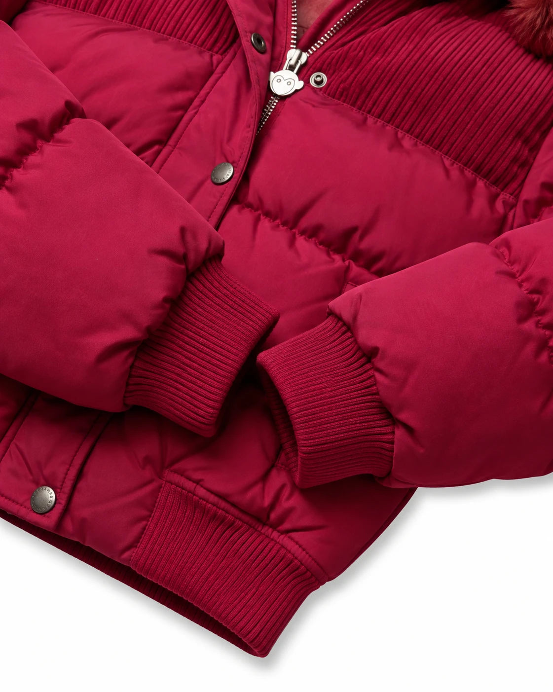 Appaman girls' red puffer bomber jacket with corduroy yoke and faux fur hood, close-up cuff detail.