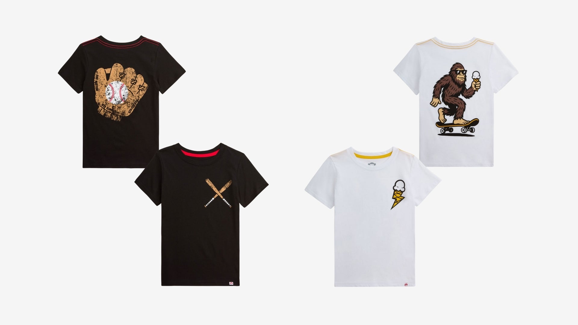Four graphic t-shirts with different designs on a white background