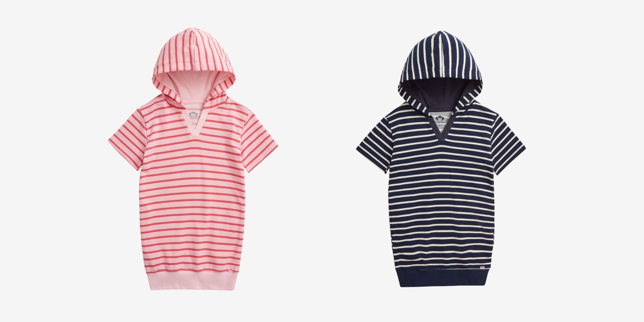 Two striped hooded baby rompers, one pink and white, the other navy and white, on a light gray background.