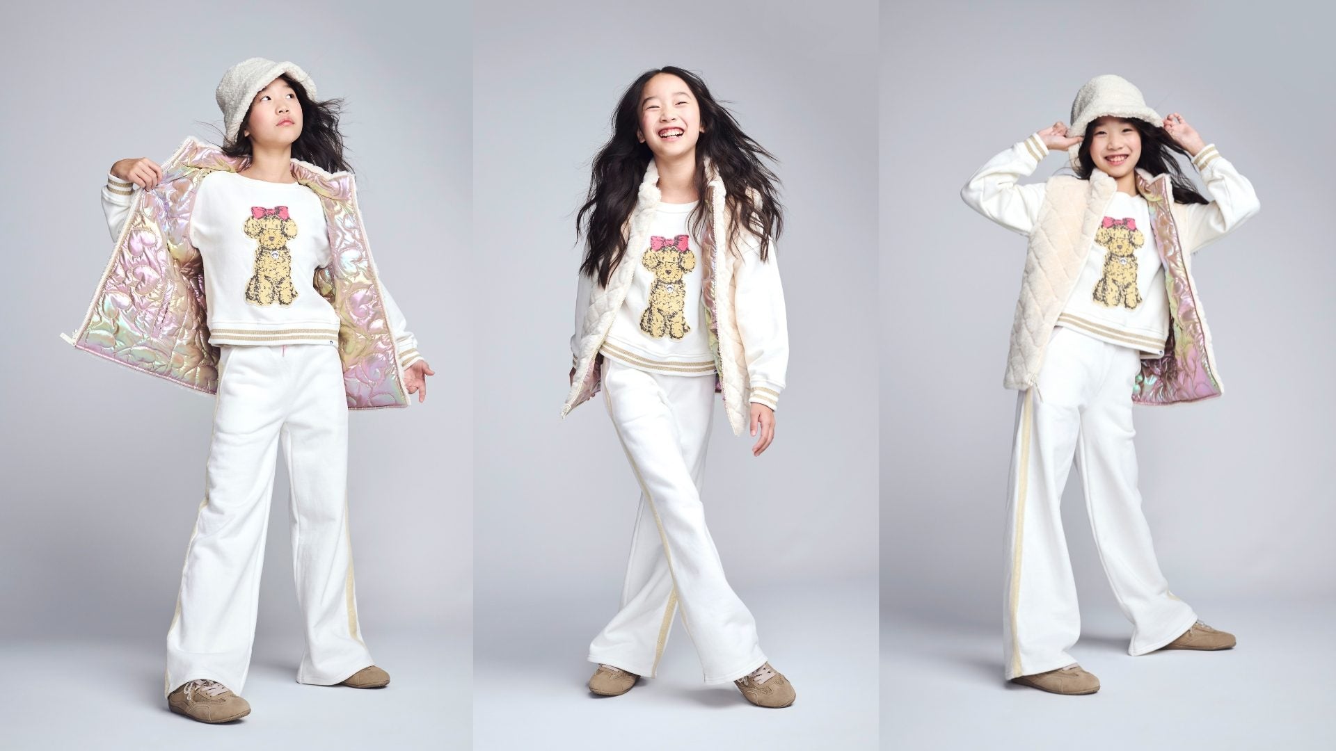 Three images of a person wearing a white outfit with decorative elements on a gray background