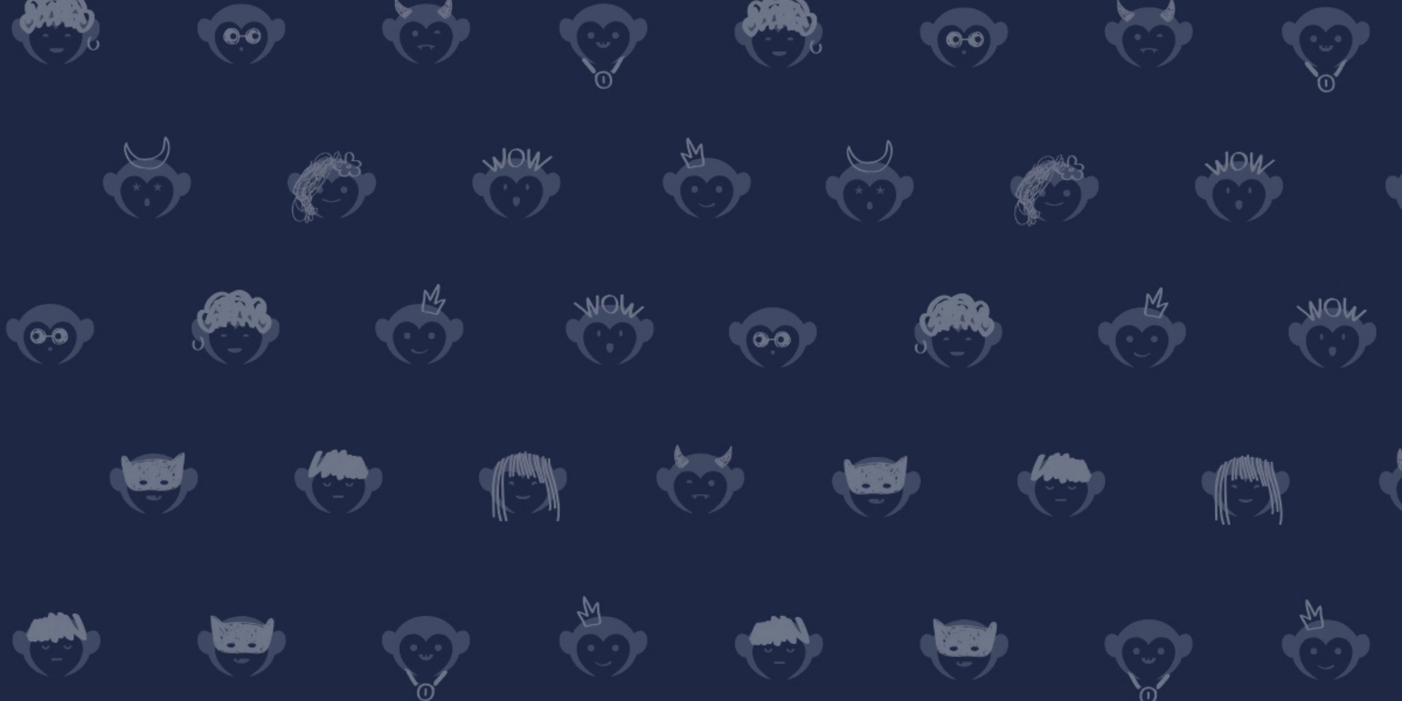 A repeating pattern of small stylized cartoon faces in light gray on a dark navy blue background.