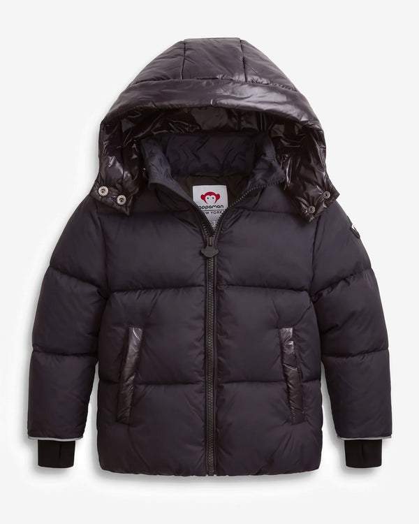 A dark navy blue hooded puffer jacket with quilted horizontal stitching, black cuffs, and shiny black trim details, shown against a light gray background.