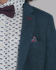 Close-up of boy's blazer with Indigo Wales Check Stretchy Suit Pants, featuring a patterned shirt and bow tie.