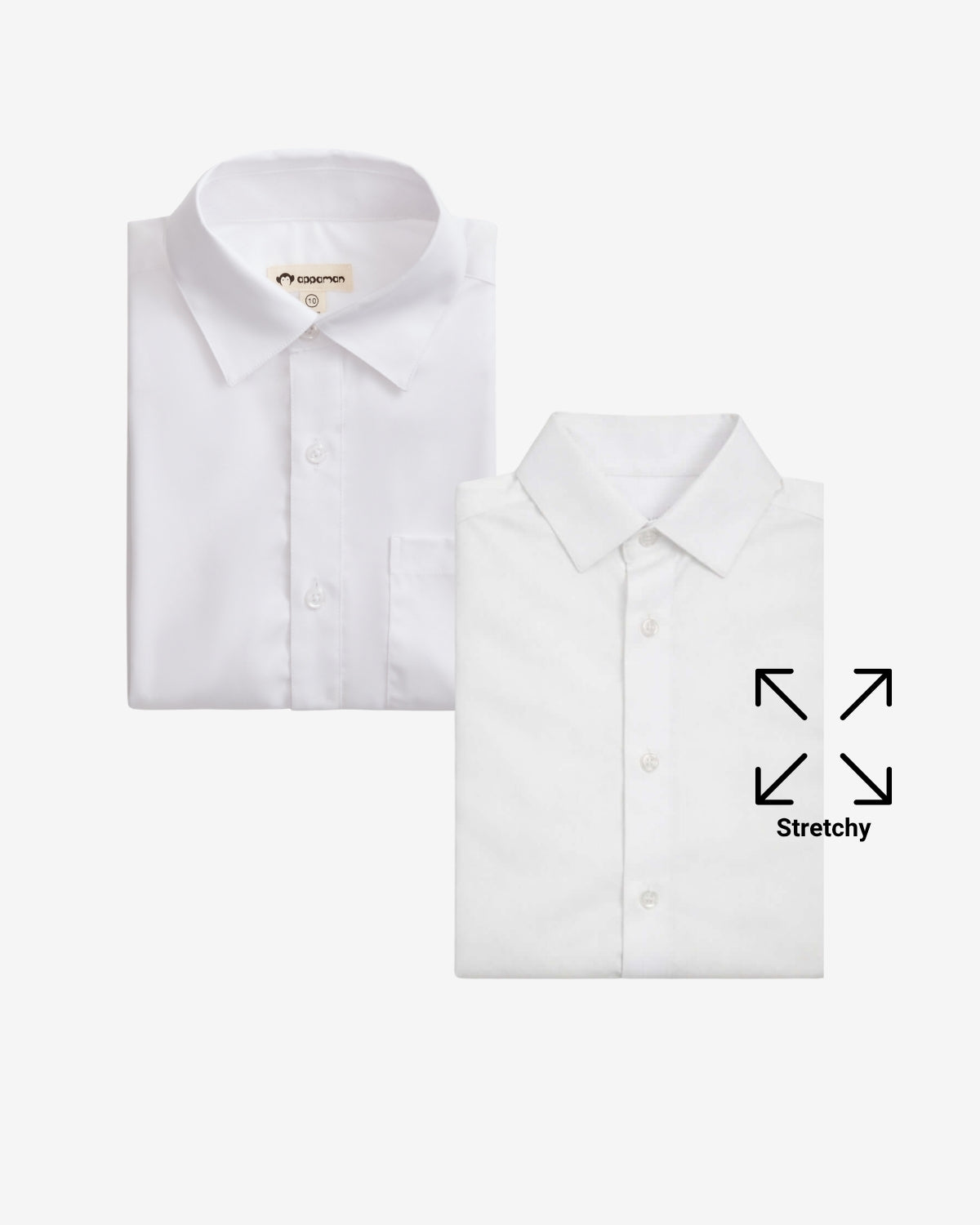 White dress shirt with stretch feature indicated on a white background
